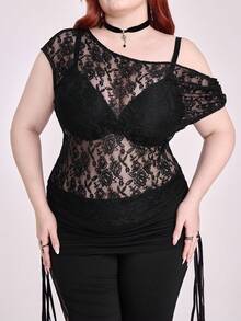 ROMWE Plus Size Sexy Goth Sheer Lace Fabric Versatile Asymmetric Shoulder Fitted Blouse Night Party Date Club Black Summer Halloween - Black - View 1