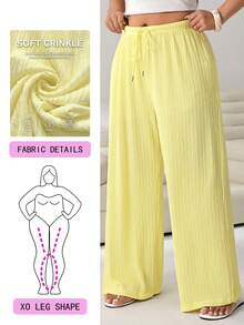 Solflare Plus Size Casual Versatile Drawstring Waist Solid Color Textured Pants Fall - Yellow - View 1