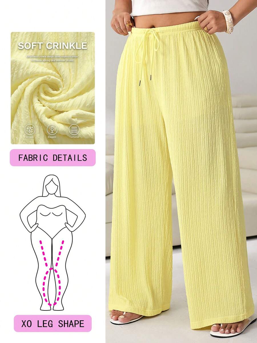 Solflare Plus Size Casual Versatile Drawstring Waist Solid Color Textured Pants Fall - Yellow - View 1