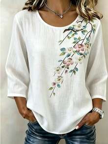 SHEIN LUNE White Burnout Round Neck 3/4 Sleeve Casual Blouse For Middle-Aged And Elderly Women - White - View 1