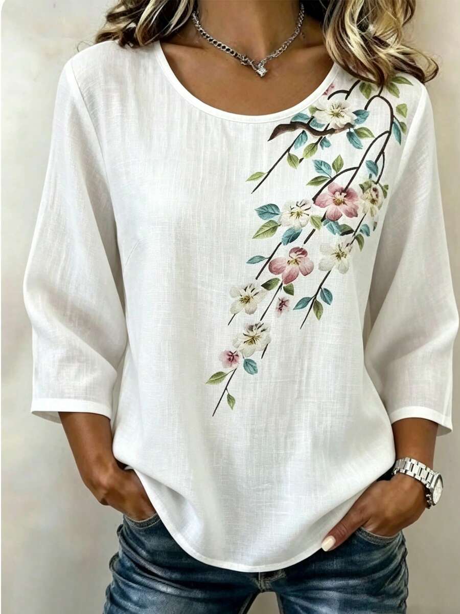 SHEIN LUNE White Burnout Round Neck 3/4 Sleeve Casual Blouse For Middle-Aged And Elderly Women - White - View 1