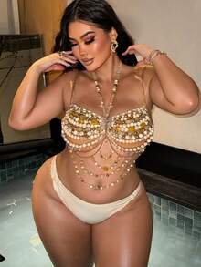 Swim SXY 2026 Nouveau Printemps et Été Sous-vêtements Bikini Grande Taille pour Femmes avec Chaîne de Corps Sexy, Chaîne de Perles et Chaîne Métallique Accessoires de Vacances à la Plage Fête Festival, Lingerie - Roux - Voir 6