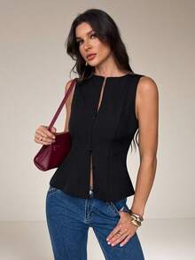 SHEIN Tall Áo vest nữ không tay dáng peplum, áo gile có khóa kéo phía trước, áo vest đen thanh lịch cho phong cách công sở đến dạ hội, áo blazer không tay, áo peplum, áo vest đen, áo vest may đo, sang trọng tinh tế, trang phục công sở tối giản, áo blazer có cấu trúc, áo blazer cơ bản màu trơn cổ tròn, khóa kéo phía trước, viền bèo nhún, áo blazer công sở đa năng, áo blazer không tay công sở - màu đen - Xem 7