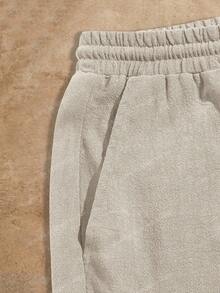 HIMLAND Pantalones cortos casuales de unicolor con cordón en la cintura y bolsillos para hombres de talla grande - Beis - Ver 4