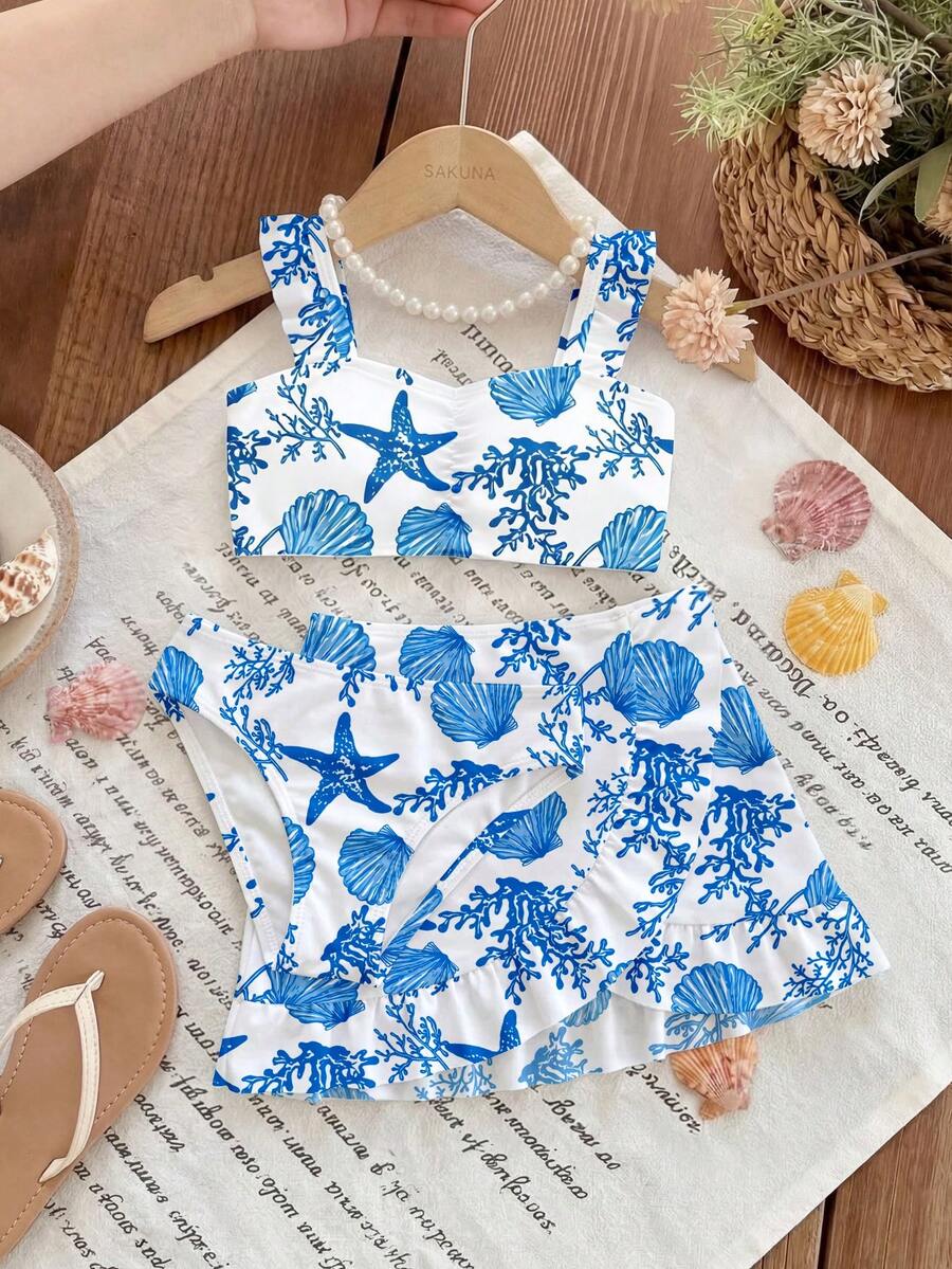 Fresh Blue Seashell & Marine Life Printed Young Girl Swimwear Set With Cover-Up Skirt - Multicolor - View 1