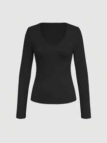 Spring/Summer New Women's Solid Color Long Sleeve Casual Versatile T-Shirt - Black - View 4