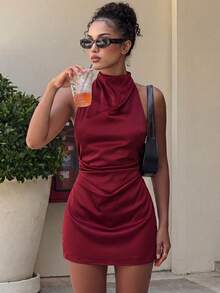 Aloruh Elegantes, sexy Minikleid Einfarbig für Urlaub, Party, Freizeit, Burgunderrot, Satin-Kurzkleid, weinrotes rückenfreies Kleid, Frühlingsoutfit für Damen, Sommerurlaubsoutfit, Valentinstagskleid, Karnevalskostüm für Damen, Strandkleid, elegante Partykleider, Hochzeitsgastkleid für Damen, Geburtstagskleid, Urlaubsoutfit für Damen, Freizeitkleid, Valentinstag - Bordeaux - Übersicht 1