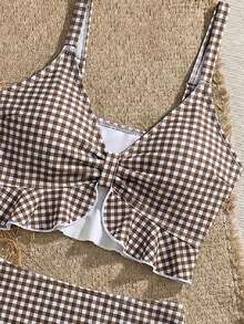 Swim Mod Women's Summer Beach Holiday Plaid Ruffle Trim Camisole Bikini Top - Brown - View 5