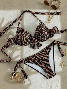 Swim Lushoire American Style Hot Girl Vintage Leopard Print Halter Neck Push-Up Top With Bow & Beaded Decoration, Back Tie & Side Tie Bikini Bottoms, Summer Vacation Music Festival Beach Party Niche Eye-Catching Hot & Relaxed Vibe Youthful Seaside Photo-Ready Island Holiday Outfit - Brown - View 4