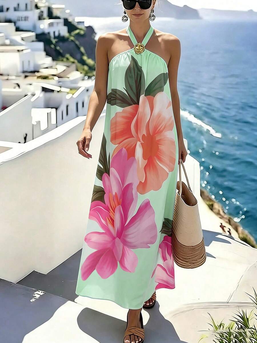 SHEIN Holidaya 女士碎花宽松吊带连衣裙,适合夏季度假 - 綠色 - 查看 1