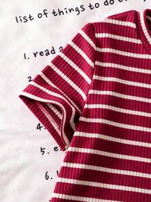 Genkimix Kids Young Girls Casual Textured Striped T-Shirt & Fashion Flare Pants Set, Suitable For Summer, Outing Wear - Burgundy - View 6
