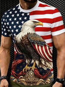 Manfinity Dauomo Kaos Pria Lengan Pendek Motif Bendera Elang Hari Kemerdekaan Amerika, Cetak Digital, Warna Biru Tua dan Putih, Gaya Kasual Musim Panas - MultiWarna - View 5