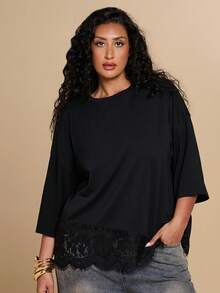 SHEIN BAE CURVE Áo thun nữ cỡ lớn màu đen phối ren, cổ tròn, vai rớt - màu đen - Xem 7