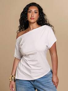 SHEIN BAE CURVE 大尺碼女款白色不對稱下擺不對稱領口T恤 - 白色 - 查看 4