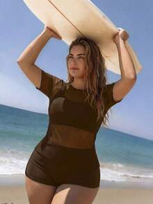 Swim SPRTY Plus Size Women 3pcs Set Solid Color Mesh Cover-Up Camisole Bra Shorts Bikini Set Beach Resort Vacation Holiday Surfing Sports Summer - Coffee Brown - View 4