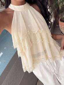 Firerie Halter Neck Ruffled Cake Chiffon Lace Hem Blouse Beach Vacation, Summer Holiday, Tropical, Resort Wear, - Apricot - View 3