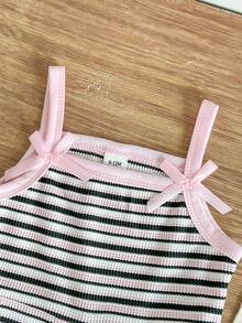 SHEIN Baby Girl Casual Fashion Daily Strapless Sleeveless Cinched Waist Short Solid Color Elastic Ribbed Fabric 3D Bow Short Summer Pink Romper - Pink - View 7