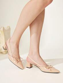 CUCCOO CHICEST Nude Pointed Bow Slingback Thick Heel Sandals, Workplace Commuting Temperament Shoes - Three knives nude - View 6