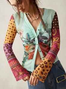 Bohemela Blusa casual de punto de malla con estampado floral y abotonadura sencilla para mujer - Multicolor - Ver 1