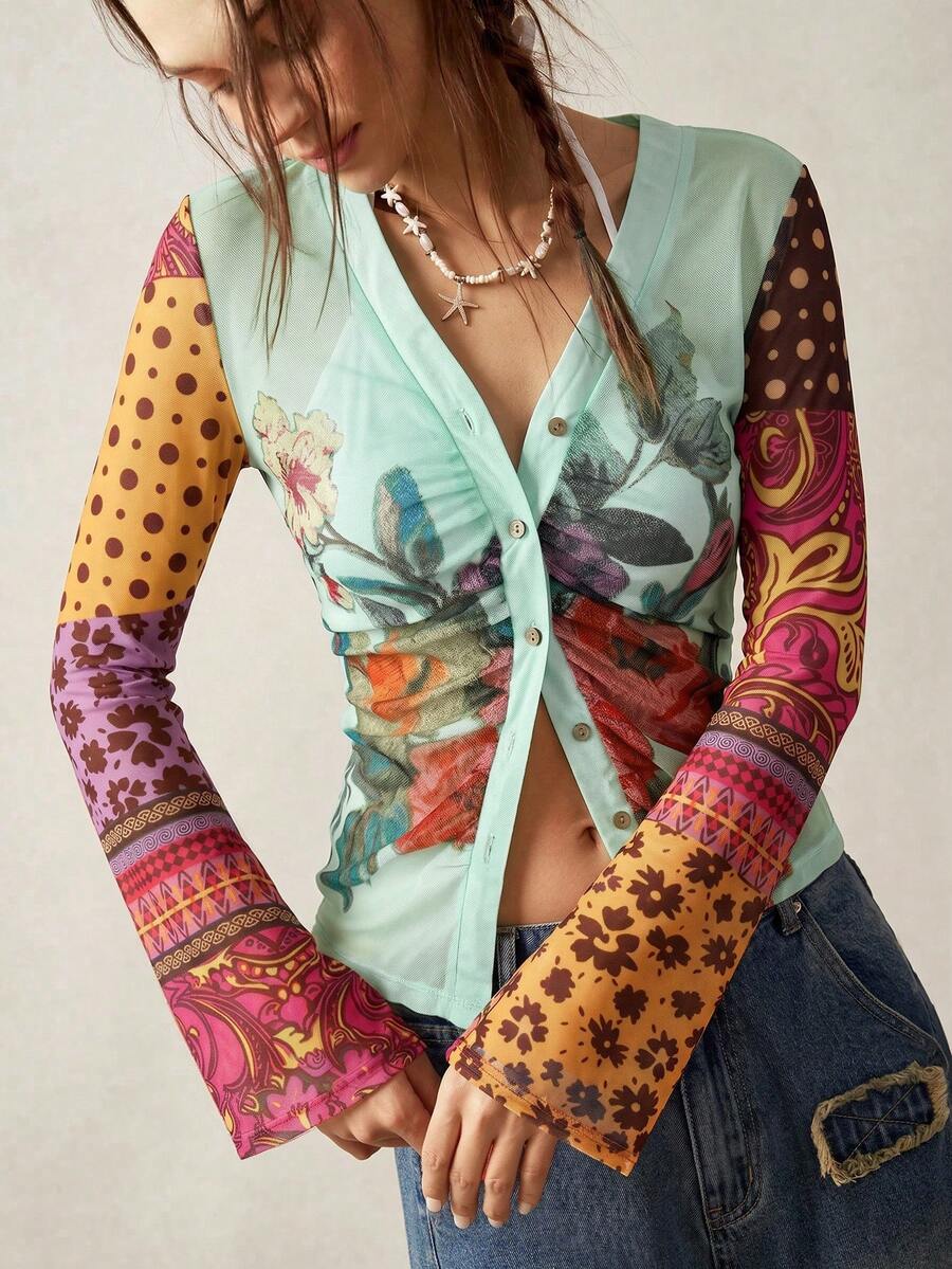 Bohemela Blusa casual de punto de malla con estampado floral y abotonadura sencilla para mujer - Multicolor - Ver 1