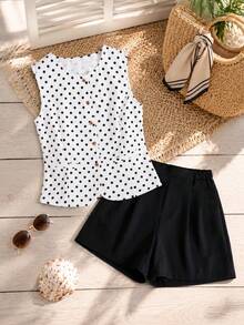 SHEIN XT26211 Bộ 2 món áo gile & quần short thường ngày phong cách Old Money mùa hè cho thanh thiếu niên, trang phục đi chơi thoải mái phù hợp mặc đi làm hàng ngày và đi nghỉ lễ - Đen và trắng - Xem 4