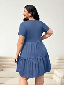 Solflare Plus Size Solid Color Ruffle Hem Round Neck Short Sleeve Summer Dress - Royal Blue - View 2