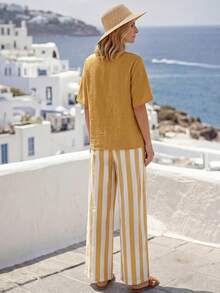 Faunlyn Damen Off-Shoulder V-Ausschnitt Bluse und lange Hose gestreiftes Baumwolle Zwei-Teiler Set - Gelb - Übersicht 2