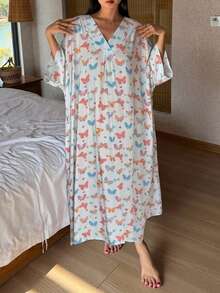 DAZY 蝴蝶印花V領短袖寬鬆長洋裝 夏季女款睡袍睡衣 - 淺藍色 - 查看 6