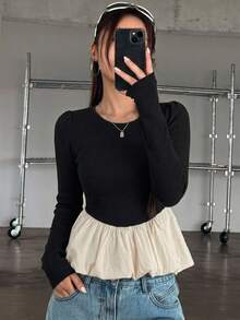 DAZY Women Crew Neck Colorblock Long Sleeve T-Shirt,Ruffle,Fall Clothes - Black and White - View 9