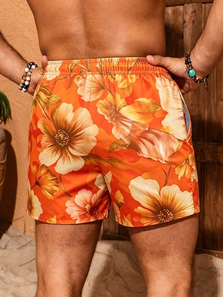 Azuldrift Men's Casual Floral Print Pocket Drawstring Waist Beach Shorts For Seaside Holiday / Vacation / Beach / Hawaii / Tropical / Swim /  Bathing - Orange - View 4