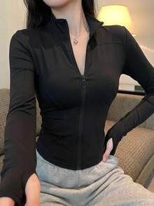 DAZY Ladies' Solid Color Simple Daily Zip-Up Jacket With Long Sleeves - Black - View 9