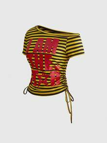 ROMWE Avant Y2k Light Millennium Striped Patchwork Bright Color T-Shirt - Yellow - View 5