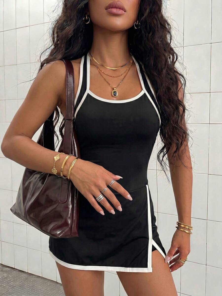 StreetHx Women's Contrast Color Asymmetric Hem Halter Neck Sports Dress And Shorts Set - Black - View 1