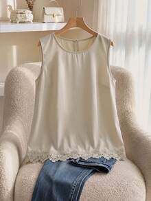 CosyJoli Plus Size Women's Solid Color Bow Decor Sleeveless Blouse, Casual Elegant Office Date Night Wear Going Out Shirt Daily Khaki Summer - Apricot - View 2