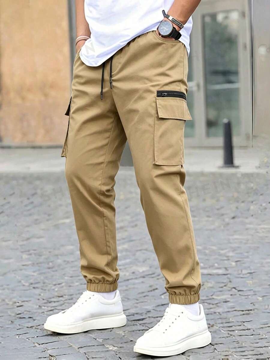 Manfinity CasualCool Men's Khaki Cargo Pants With Side Zipper, Casual Jogger Pants - Khaki - View 1
