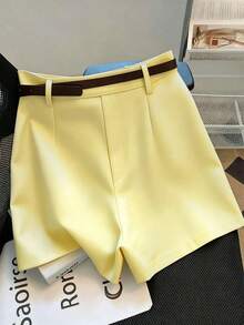 SHEIN PETITE 女款拉鍊寬腿純色極簡休閒百褶腰頭短褲，適合早午餐、日常穿著、邁阿密度假，淡黃色夏季款 - 淡黃色 - 查看 2