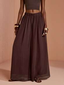 JIAN LASALA Elastic Waist Wide-Leg Floor-Length Oversized Casual Woven Pants Daily Vacation Dark Brown Summer - Coffee Brown - View 4