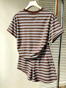 青少年女孩全身印花短褲套裝 美式復古條紋休閒套裝 青少年女孩夏季加州印花短袖T恤短褲兩件組 - 彩色 - 查看 2