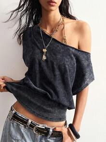 Bohemela Women's Casual Solid Color Knit T-Shirt, Summer Top Night Out Dark Grey - Black - View 1