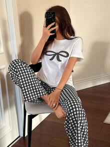 Napfluff Cute Bow Embroidery Top & Plaid Pants Women's Pajama Set - Black - View 5