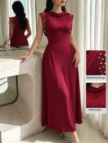 Modelyn Elegant Women's Cowl Neck Dress With Sequin Embellishment, Asymmetric Waist Design And Flared Hem - Burgundy - View 6