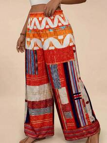 Travachic Plus Size Contrast Color Vintage Loose Straight Casual Pants - Multicolor - View 5