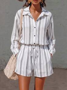 GlowEve CURVE Conjunto de camisa protectora solar estilo bohemio, conjunto de 2 piezas de verano para mujer que incluye shorts, blusa de estilo francés de nueva llegada, blusas y blusas para mujer, blusa casual moderna para trabajar - Blanco y Negro - Ver 9
