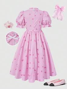 SHEIN Girls' Blue Textured Fabric Sleeve Beaded Chest Cut-Out Bow Ribbon Decor Dress, Suitable For Elegant, - Pink - View 3