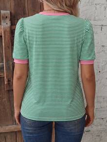 Basic Casual Retro Pink Short Sleeve T-Shirt With Round Neck And Plus Sizes - Army Green - View 2