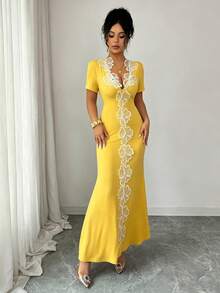 Elenzga Women's High Waist Short Sleeve V-Neck Long Dress Party Butter Yellow Summer Disco Sexy - Yellow - View 4