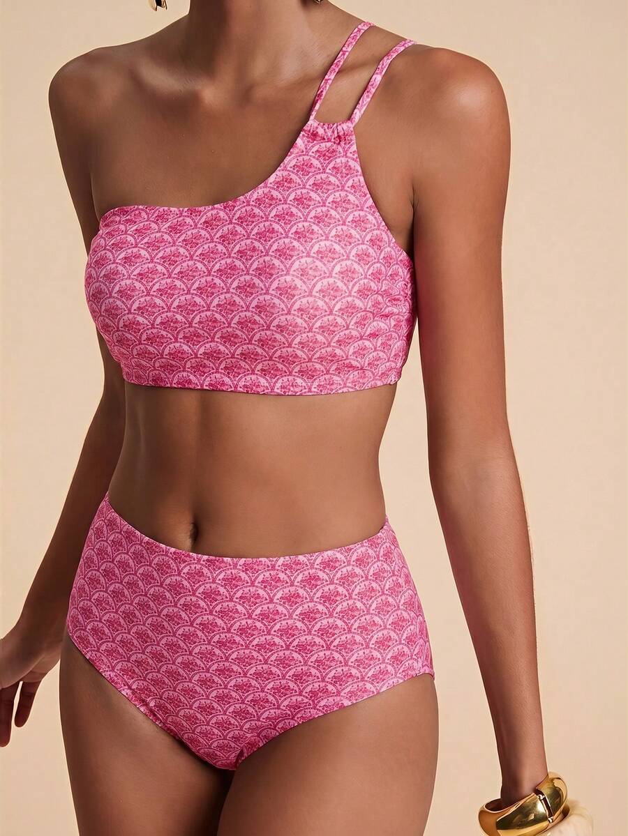 Travachic Women's Summer Beach One-Shoulder All-Over Print Bikini And Triangle Bottoms Two-Piece Swimsuit Set - Pink - View 1
