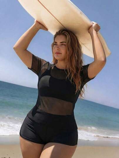 Swim SPRTY Set Bikini 3 Potong Warna Polos untuk Wanita Ukuran Plus, Terdiri dari Penutup Jala, Bra Kamisol, dan Celana Pendek, Cocok untuk Pantai, Liburan, Berselancar, dan Olahraga