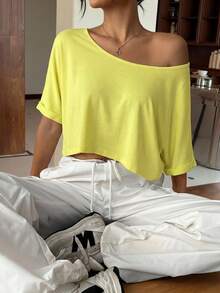 SHEIN EZwear 舒適性感露肩休閒黃色針織寬鬆不對稱領口T恤，時尚 - 黃色 - 查看 8