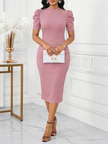 SHEIN Lady Women's Elegant Mature Elegant Button Puff Sleeve Fitted Dress For Evening Office Tea Party Party Pink Summer Teachers' Day Dusty Pink Summer - Dusty Pink - View 5